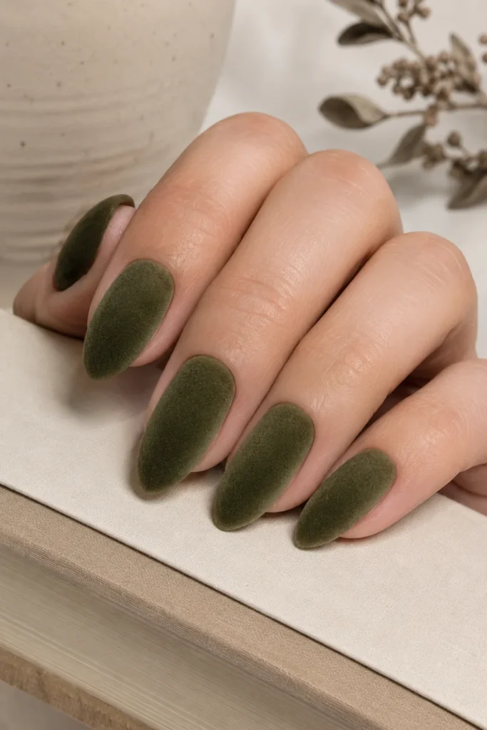 Olive green velvet almond nails with a soft finish