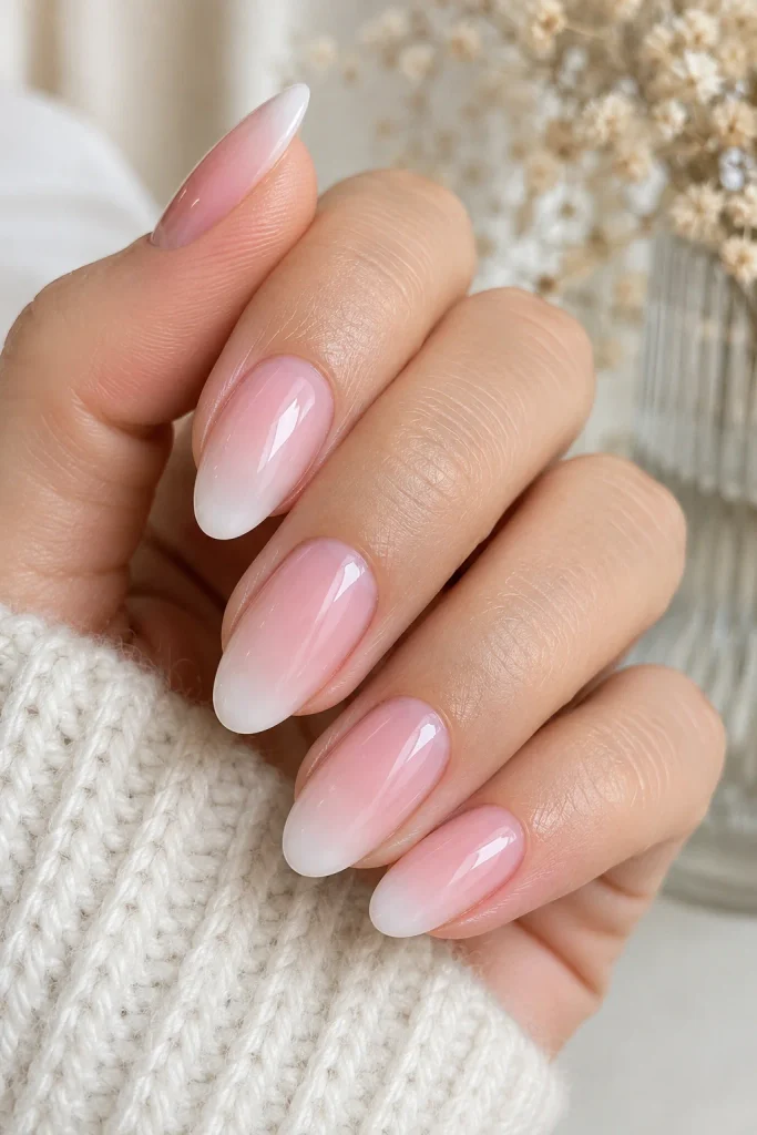 Ombre ballet pink coquette nails with sheer white tips