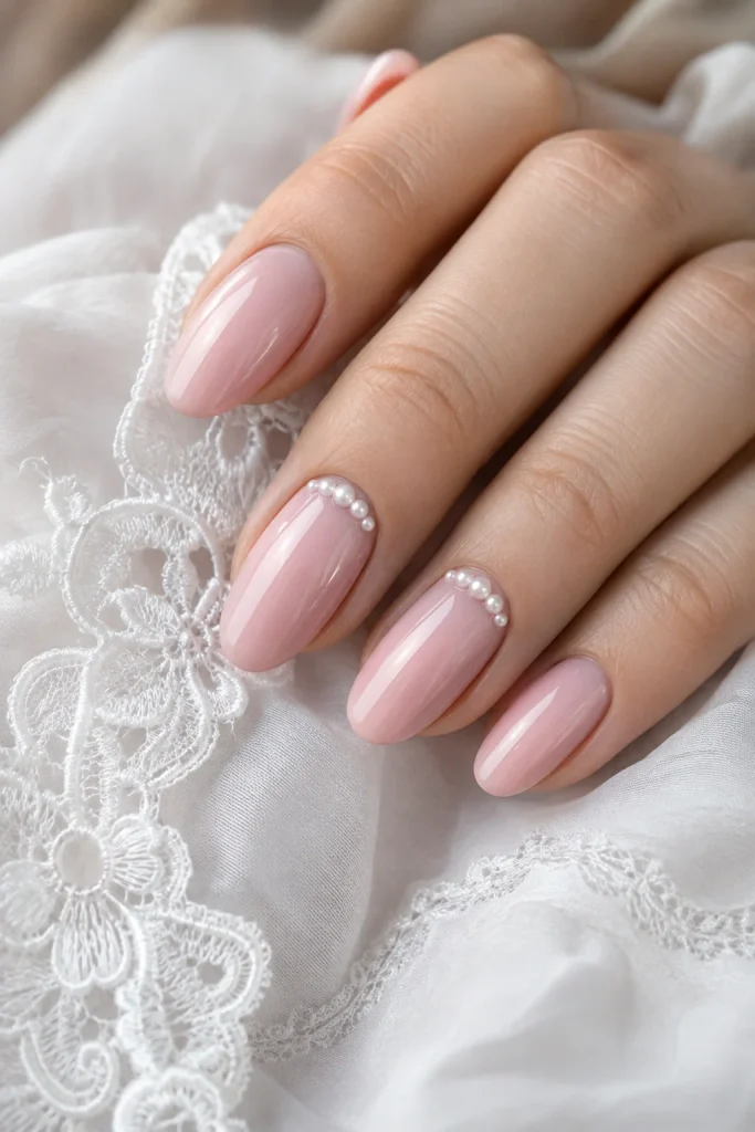 Soft pink nails decorated with delicate pearls