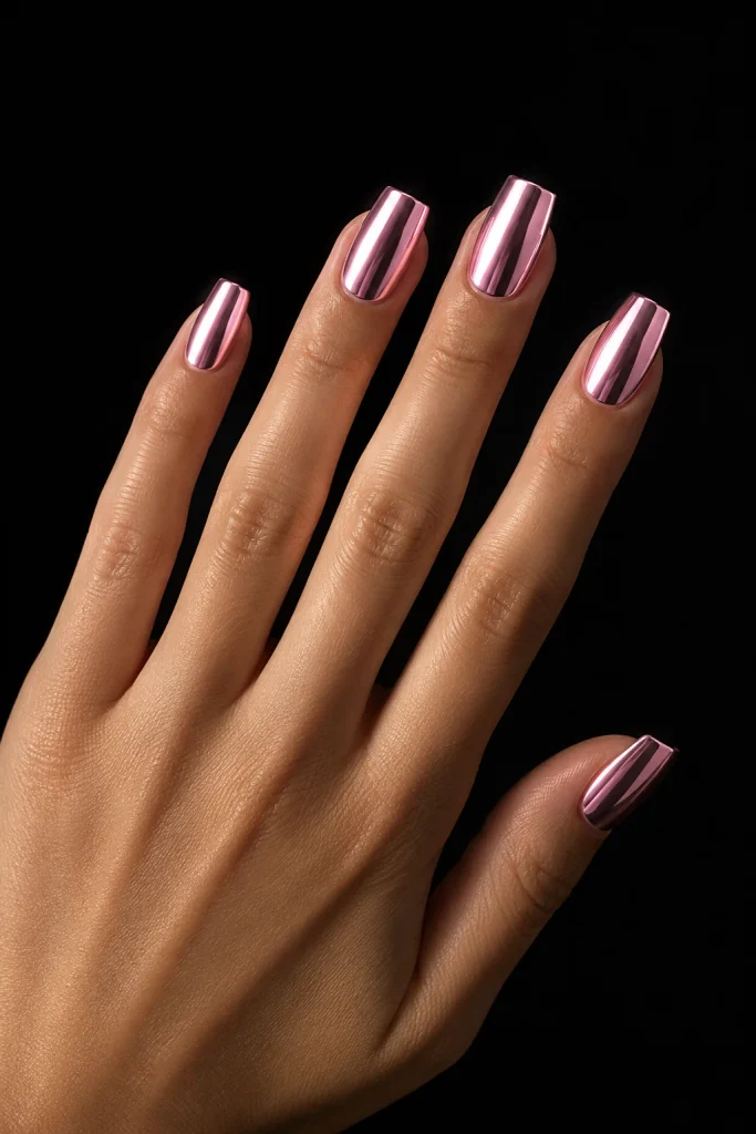 Shiny pink chrome nails with a modern autumn finish