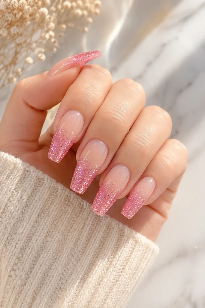 Pink glitter ombre tips on elegant almond nails