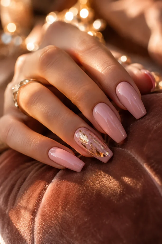 Pink nails with elegant gold foil accent details