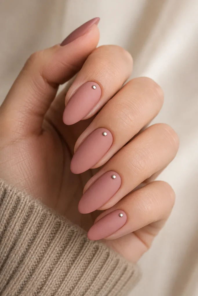 Matte pink nails decorated with silver studs