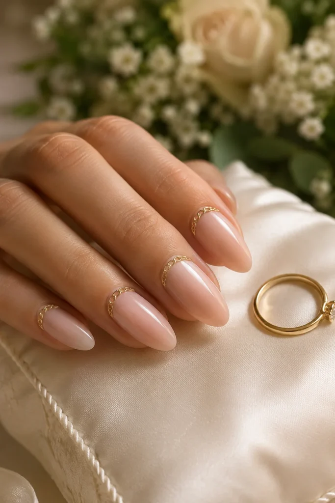 Pink nails decorated with delicate gold chain detail