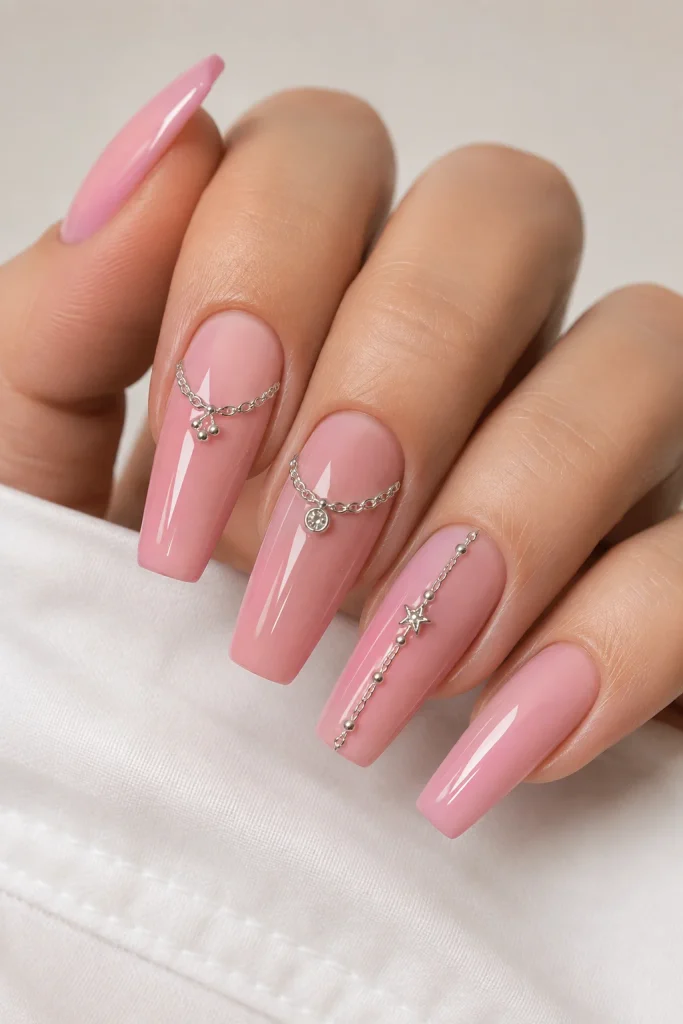 Pink nails with silver chain and charm details