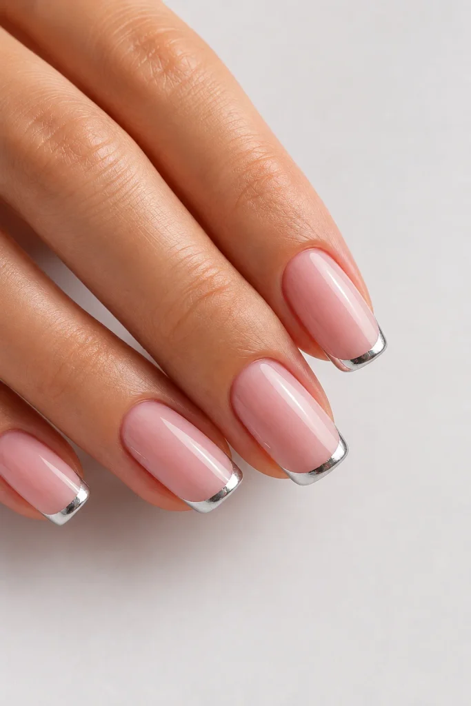 Pink nails with thin silver French tips