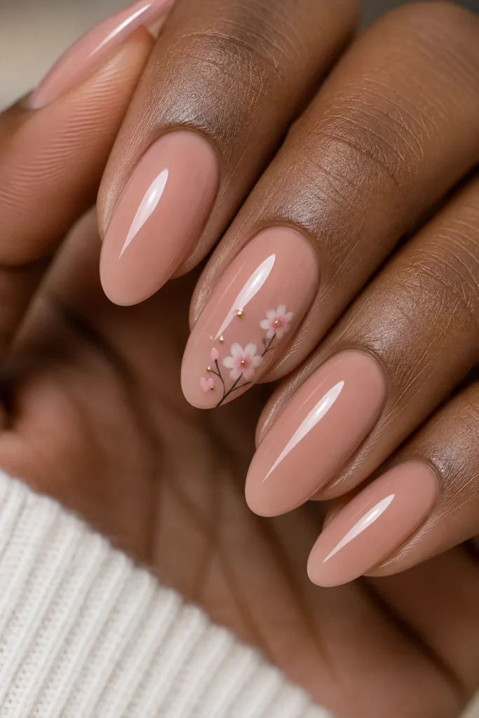 Pink nails with small flower art on almond shaped accent nail