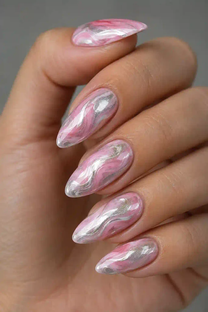Pink and silver marble nail design