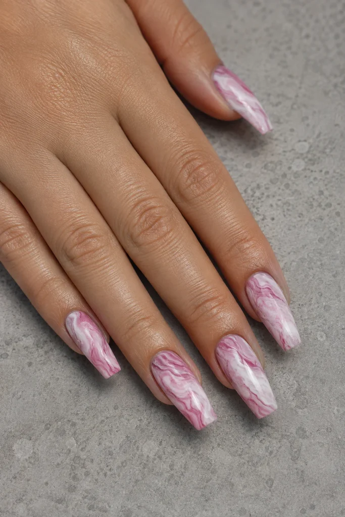 Pink and white marble nails for brides