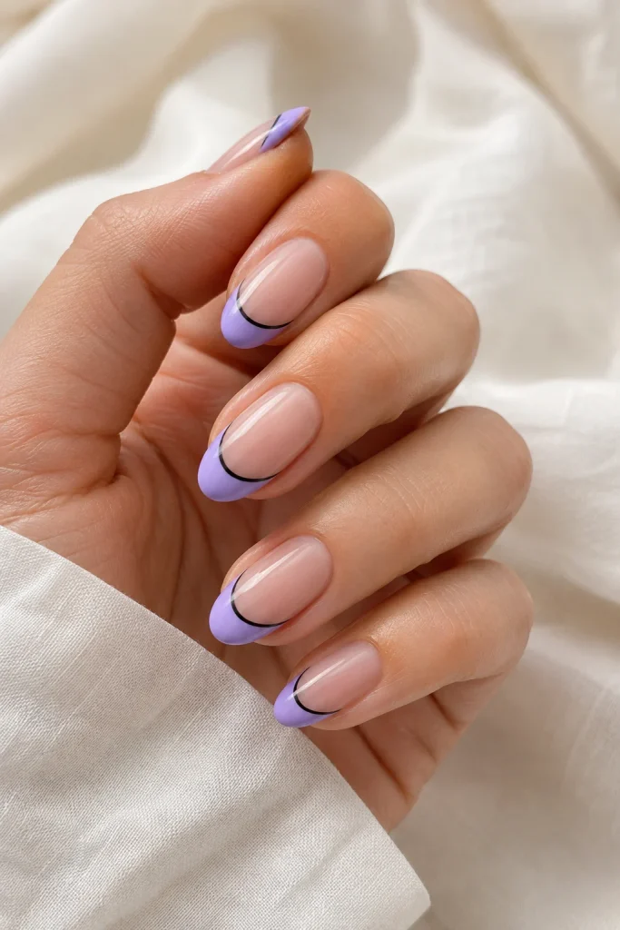 Purple and Black Nail Ideas with purple French tips and black lines