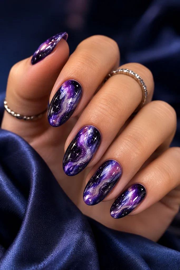 Purple and Black Nail Ideas featuring dreamy galaxy nail art
