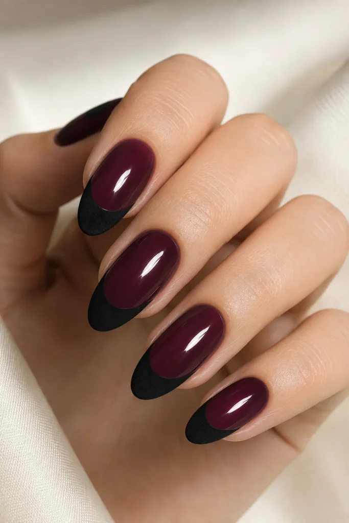 Purple and Black Nail Ideas with deep plum and black velvet tips