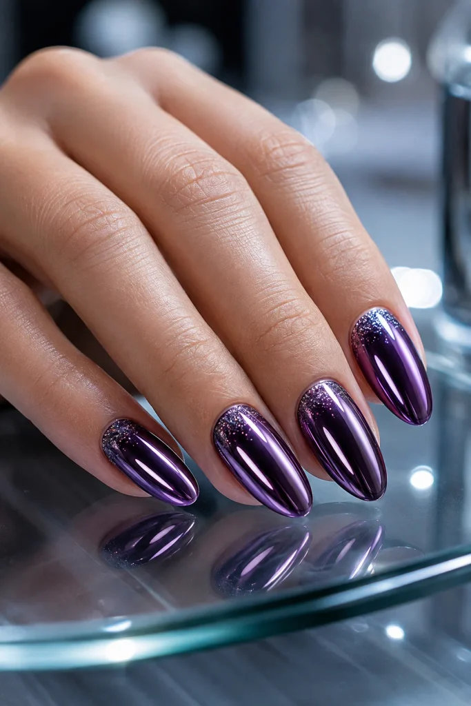 Glazed purple chrome nails with glitter accents