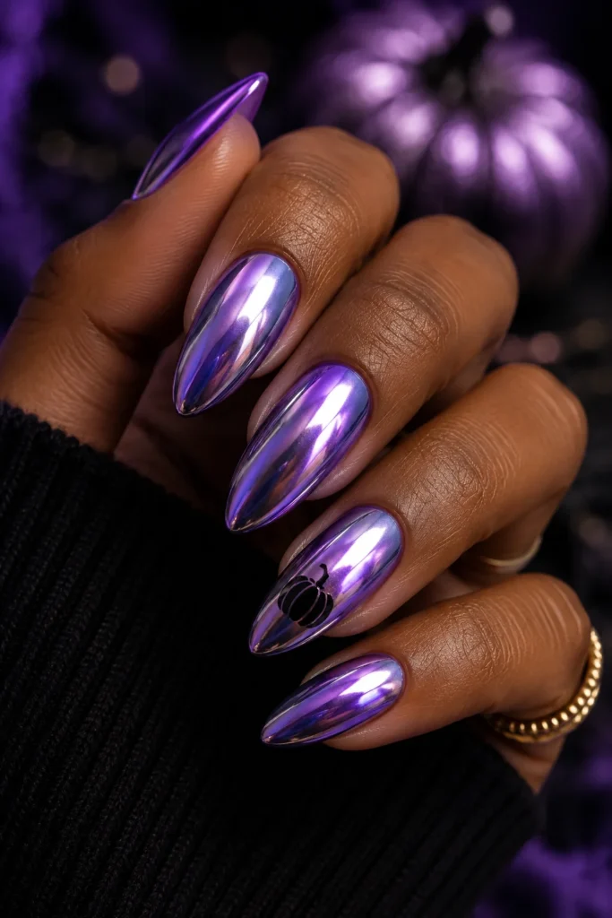 Mirror-finish purple chrome nails with a black pumpkin silhouette accent