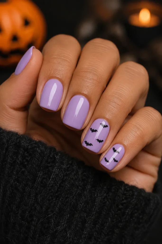 Soft purple nails decorated with small black bat silhouette details