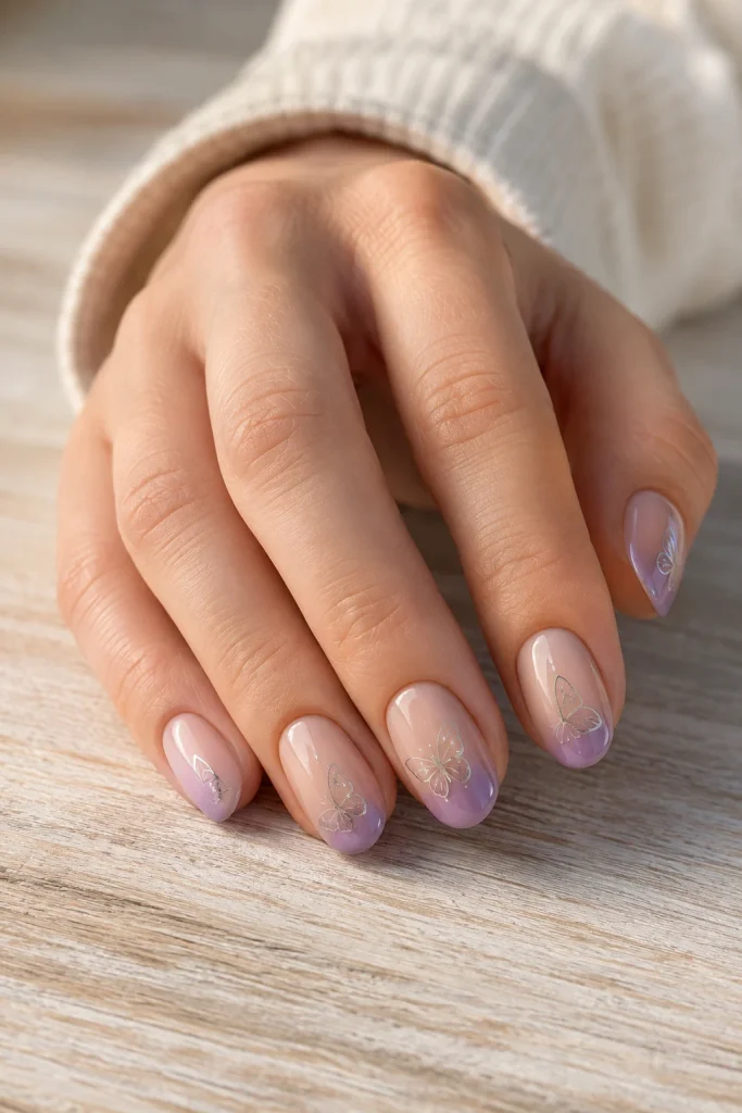 Nude purple ombre nails with delicate butterfly wings