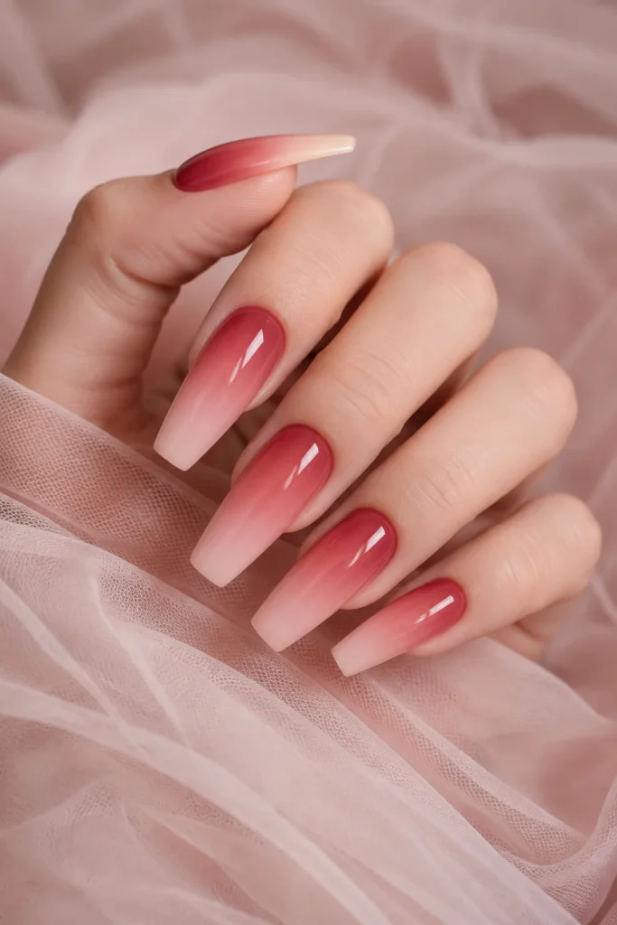 Red to blush pink ombré Valentine's Day nails