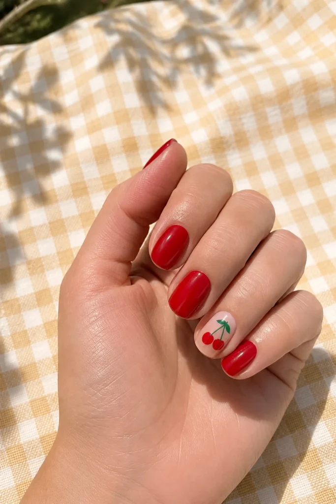 Red cherry accent nail art on Valentine's manicure