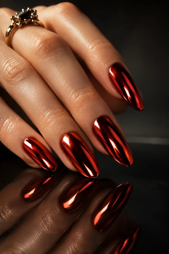 Red chrome mirror Valentine's Day nails with reflective metallic finish