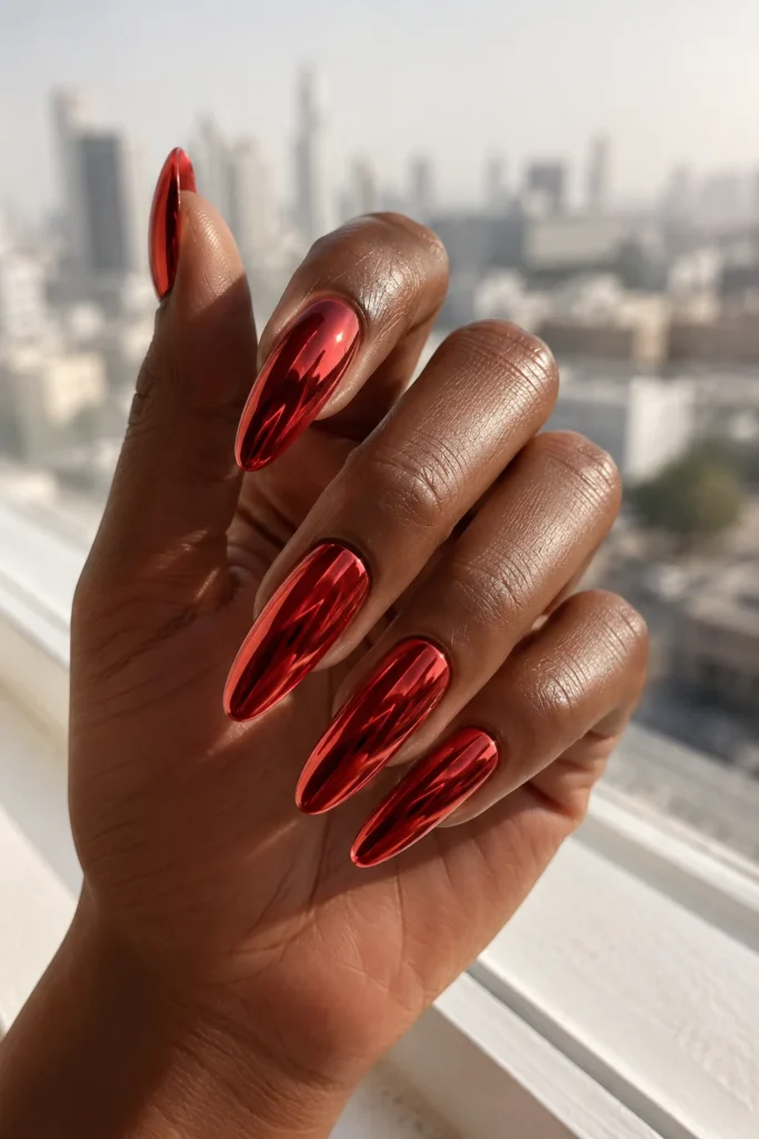 Shiny red chrome nails designed for dark skin