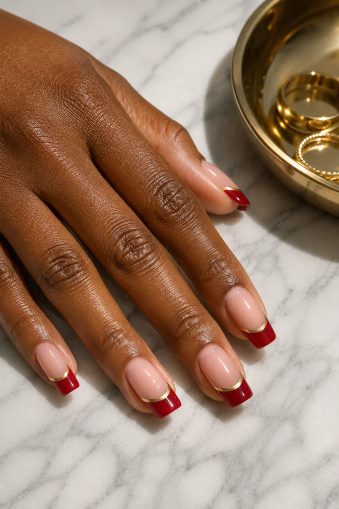 Red French tip nails with gold line detail
