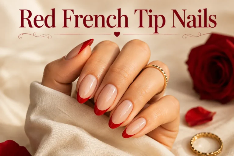 Red French tip nails with chic timeless designs