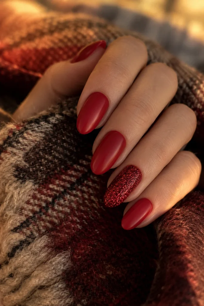 Red glitter accent nail design with solid red polish
