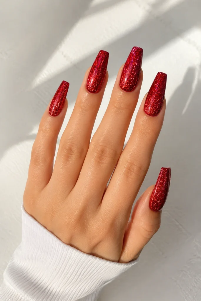 Full glitter red coffin nails with glossy finish