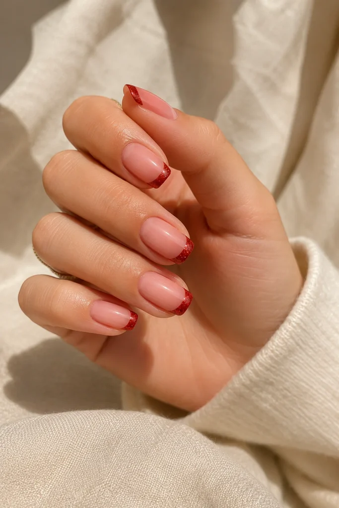 Red glitter French tip nails on nude base