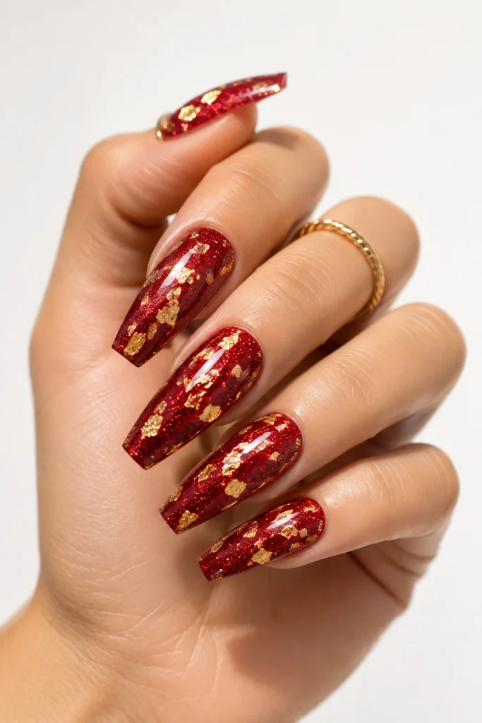 Red glitter nails with elegant gold foil accents