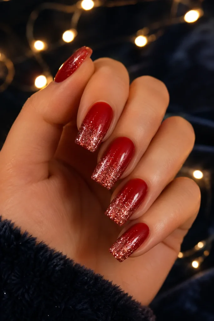 Red glitter ombre wedding nails fading into sparkling glitter tips