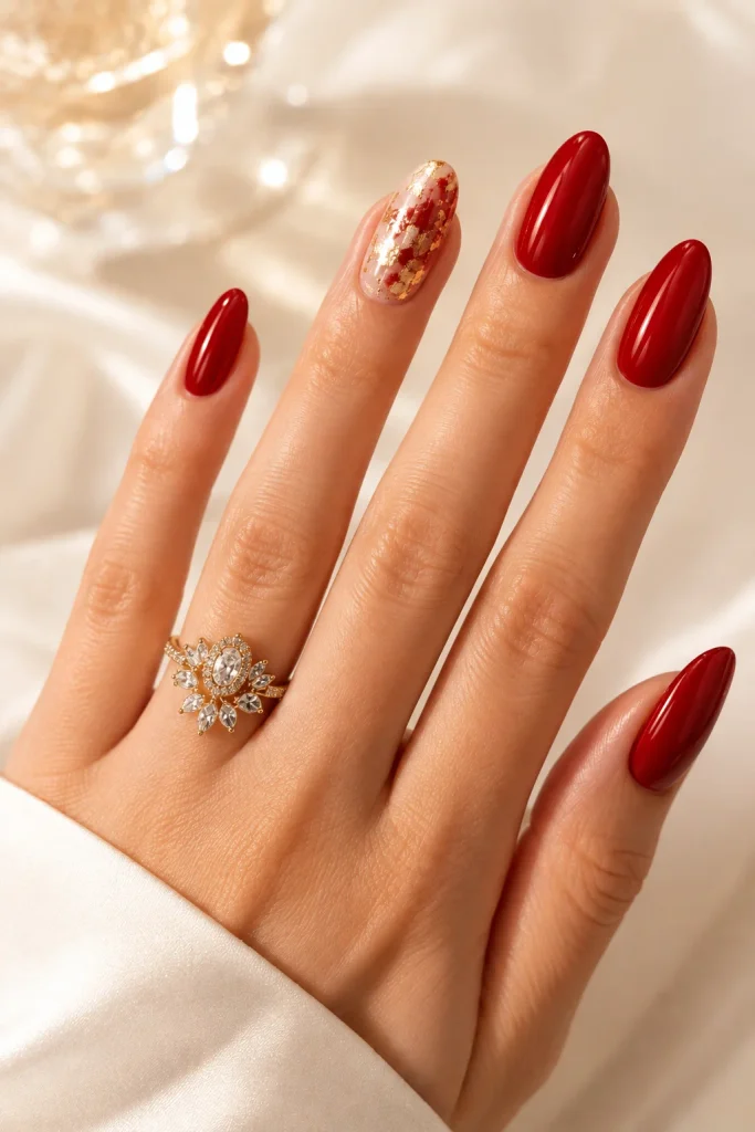 Red winter nails with elegant gold foil accents
