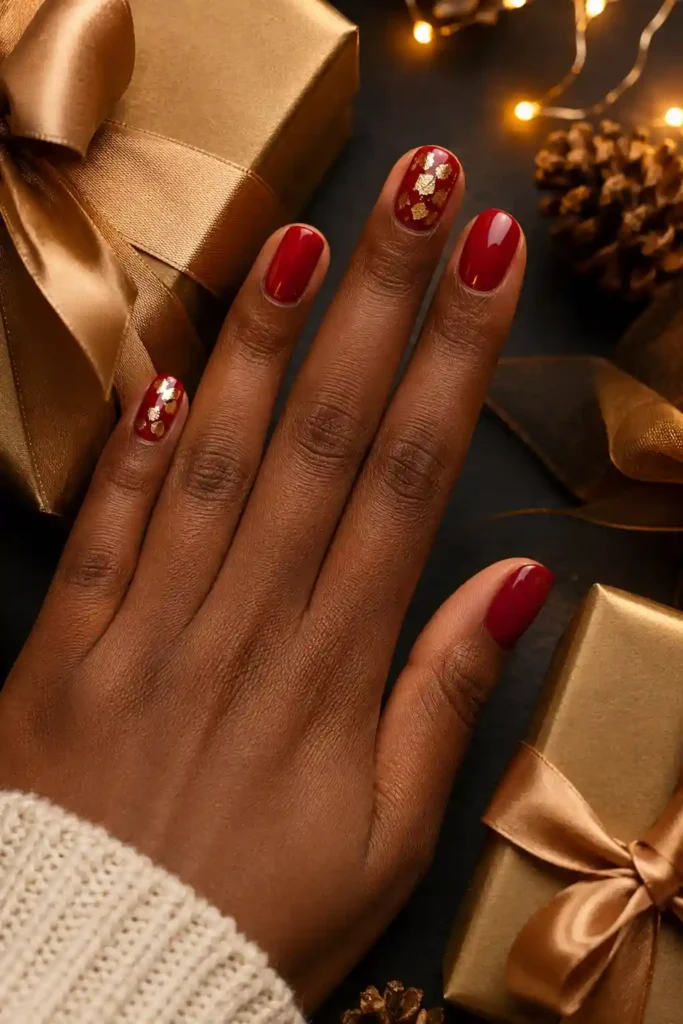 Red nails decorated with gold foil flecks