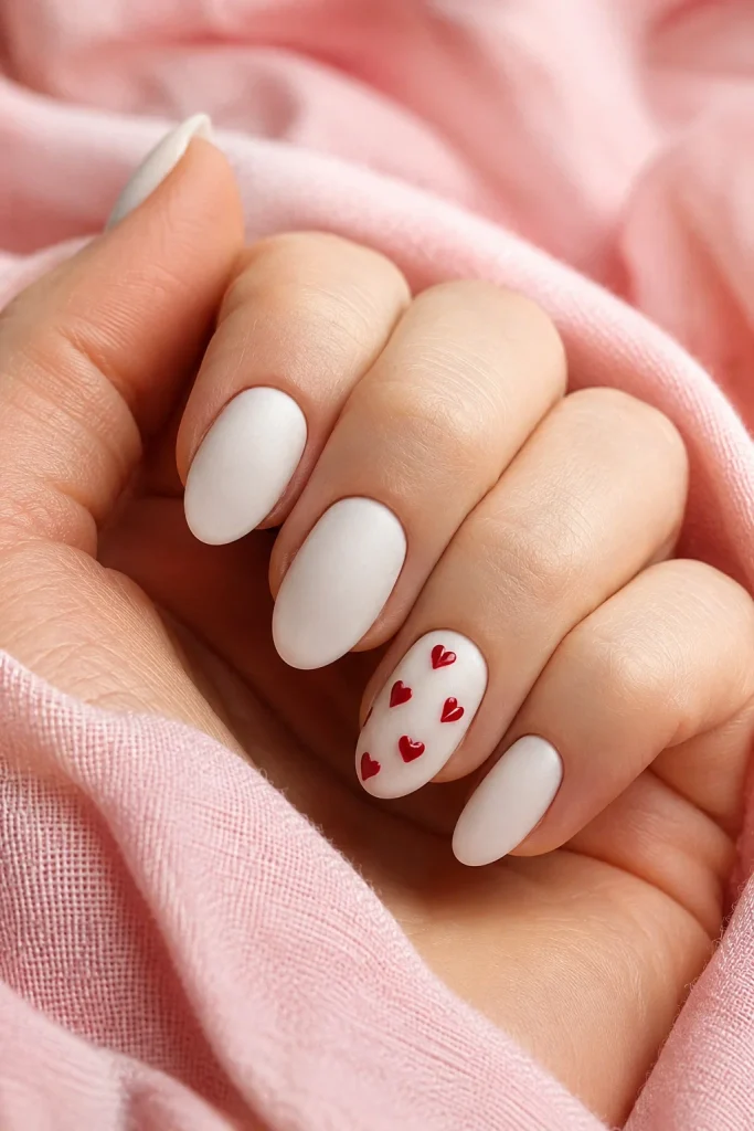 Tiny red hearts on a soft white nail base
