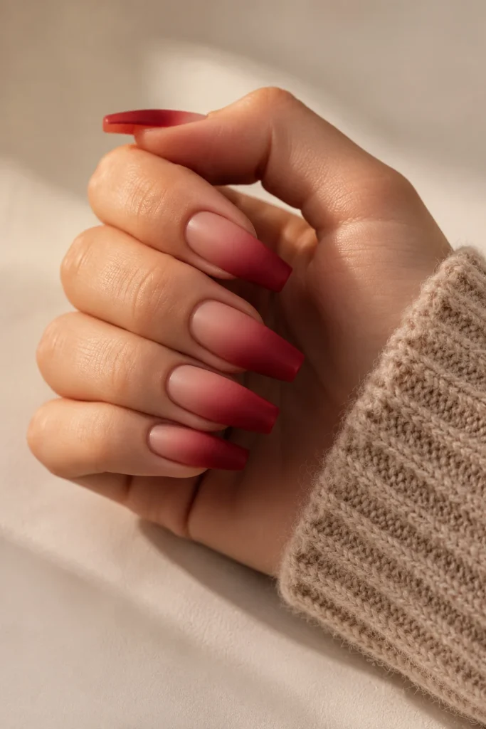 Red velvet matte ombre wedding nails with soft gradient effect