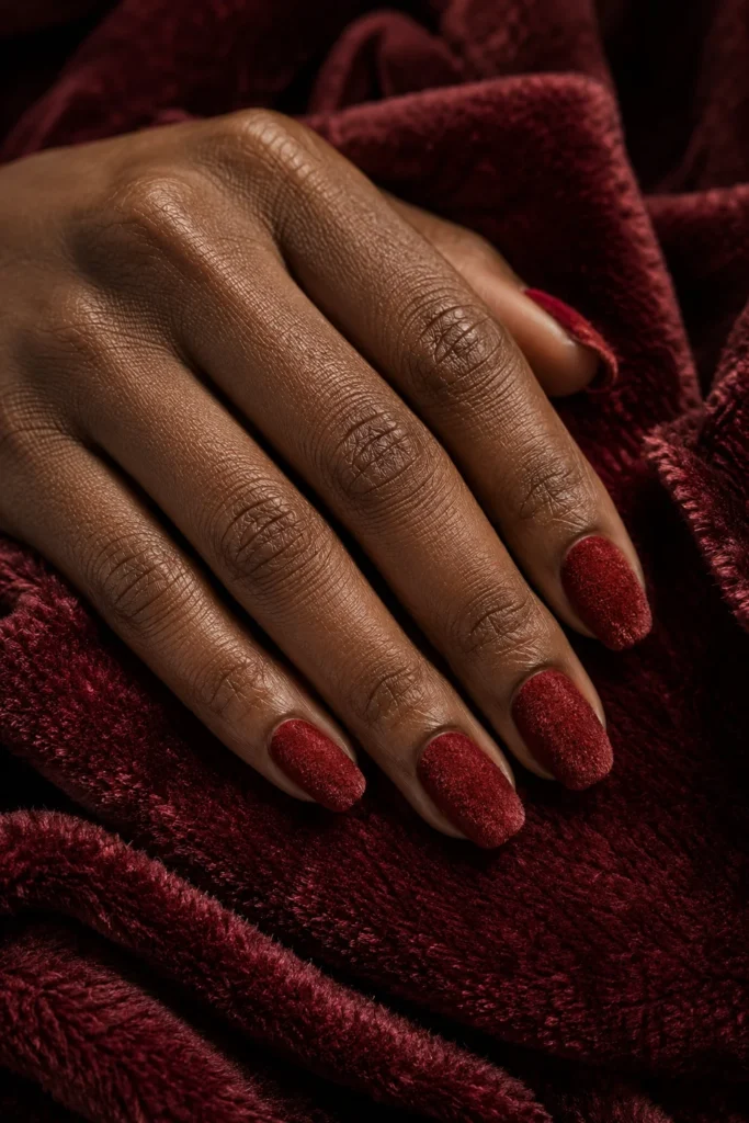 Red velvet textured nails for dark skin