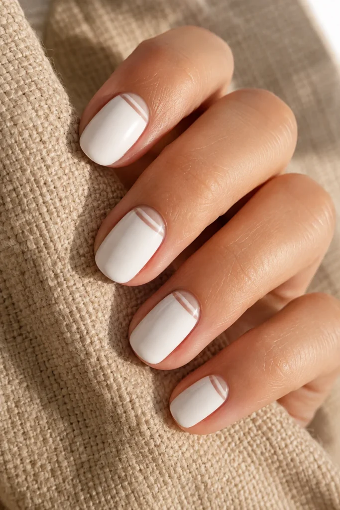 Reverse French manicure with white polish and nude cuticle line