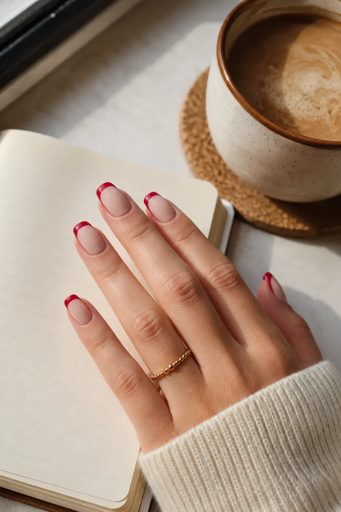 Reverse red French tip Valentine's nails on nude base
