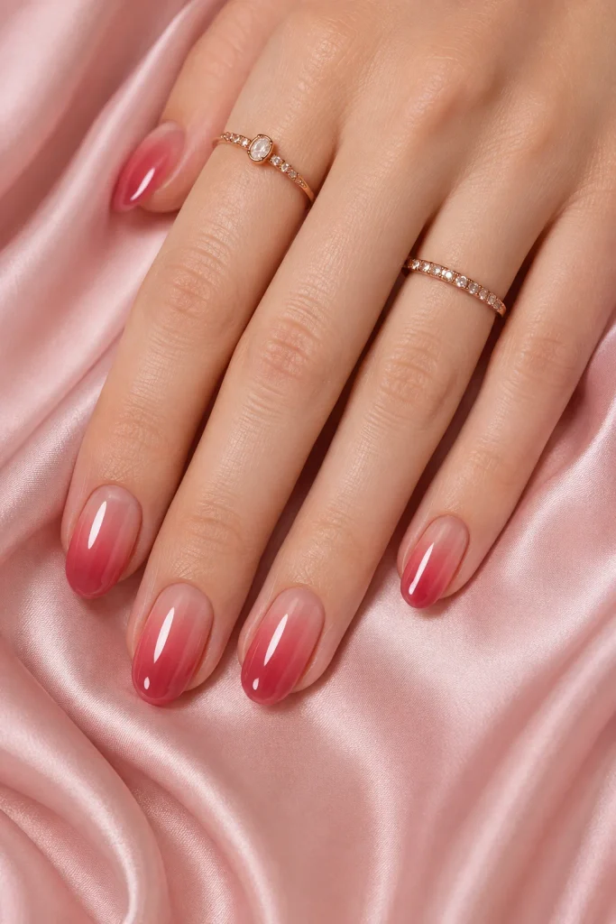 Rose red ombre nails with glazed donut finish