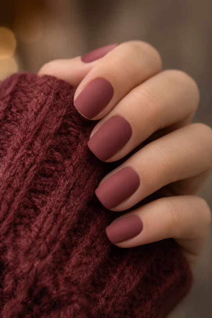Rosewood velvet matte nails in a deep autumn pink shade
