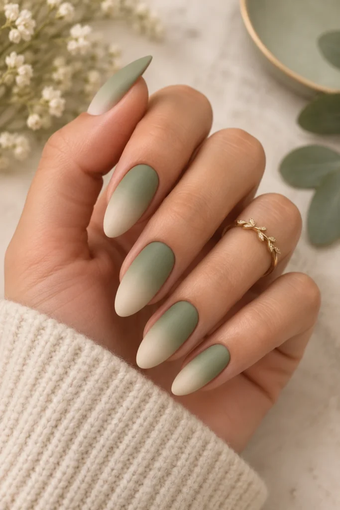 Sage green to cream matte ombre almond nails with earthy finish