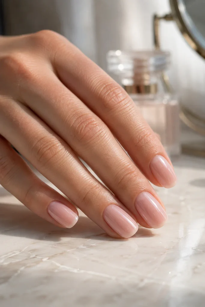 Sheer ballet pink coquette nails with glossy finish