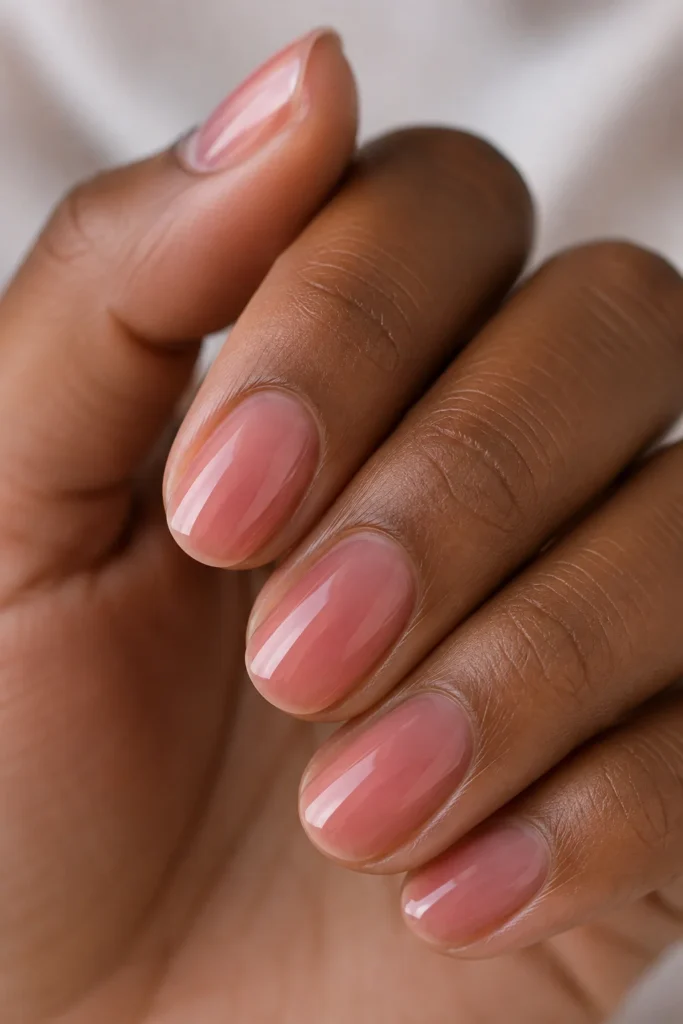 Sheer jelly pink nails on round shaped nails with translucent finish