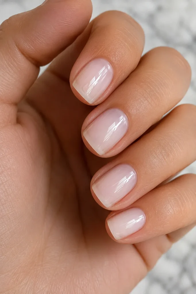 Sheer milky jelly nails with glossy graduation finish