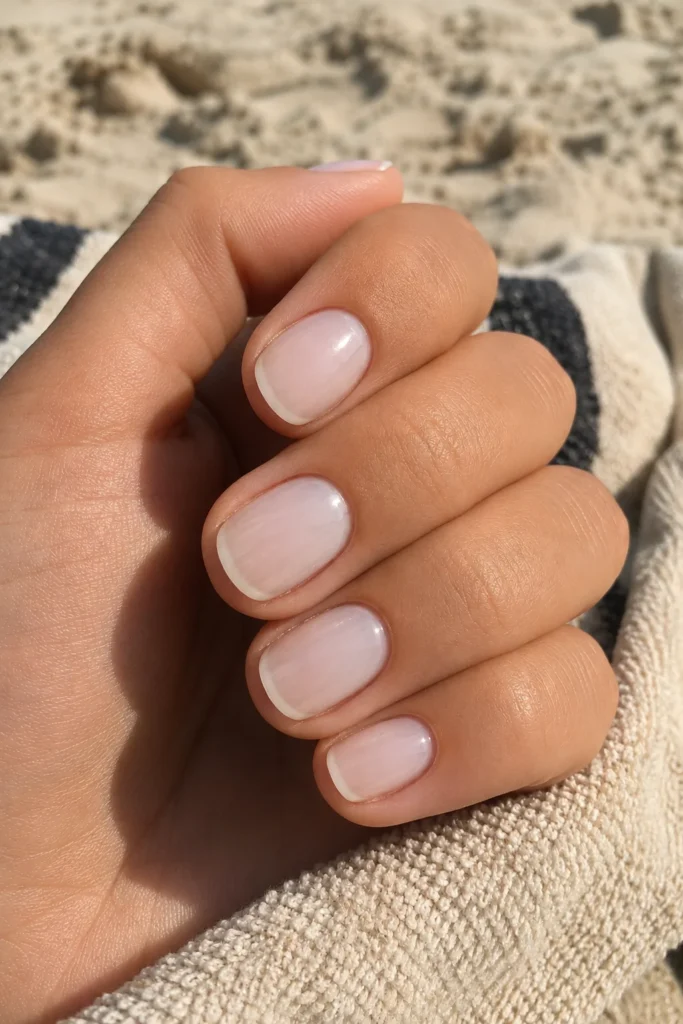 Sheer white jelly nails with a transparent glossy finish