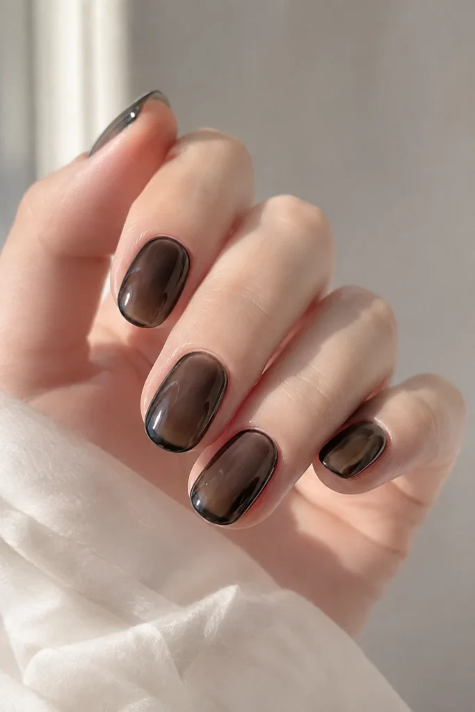 Short black jelly nails with a glossy translucent finish