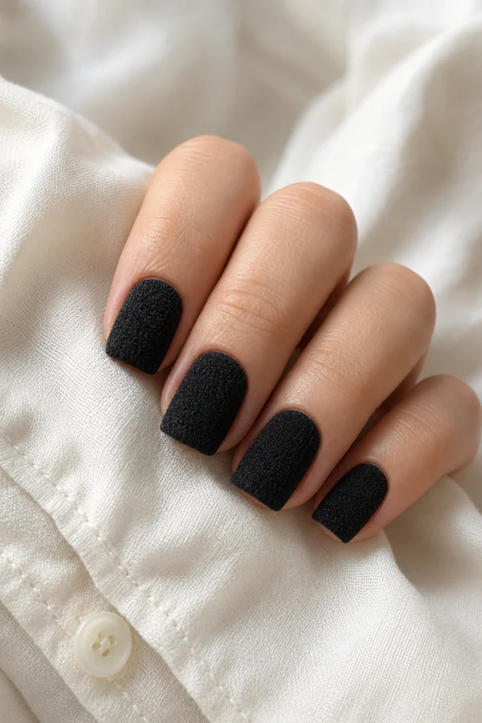 Short black velvet nails with a soft textured finish
