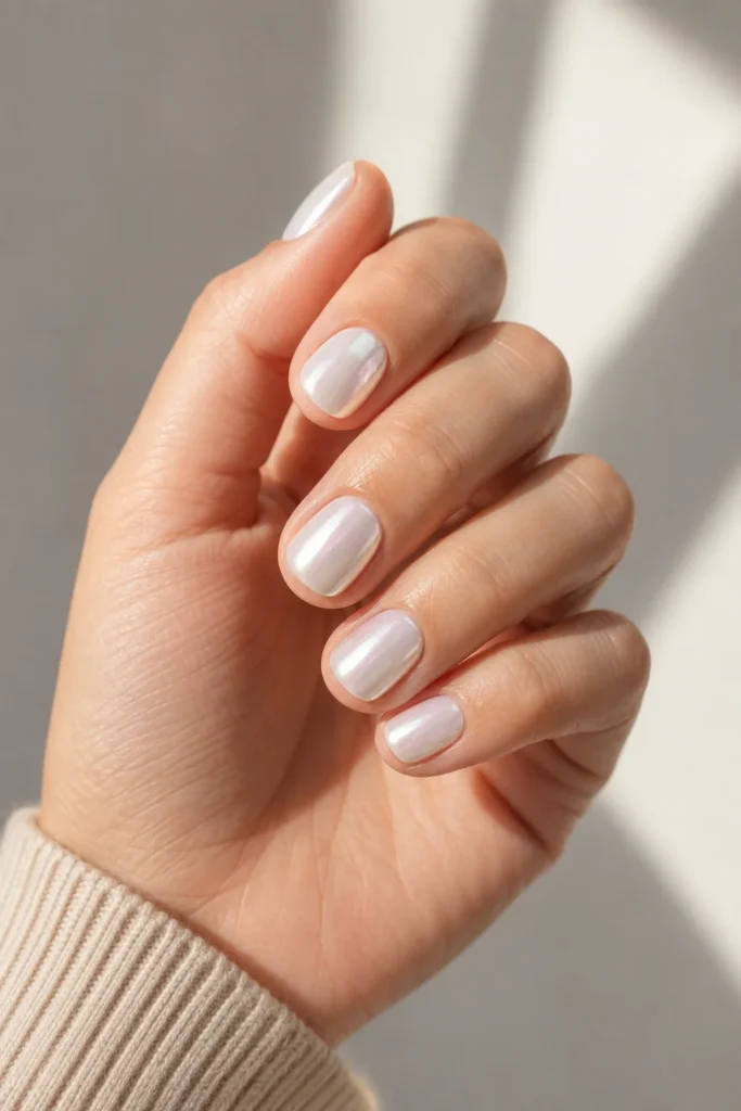 Short white chrome squoval nails for everyday wear