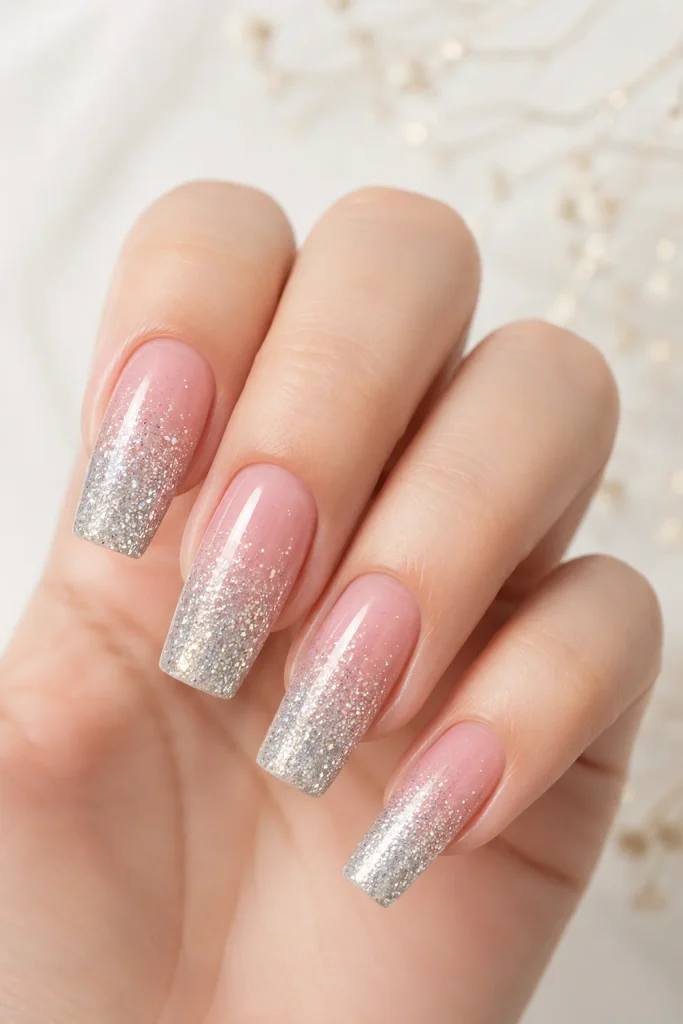 Silver glitter fading into pink ombre nails
