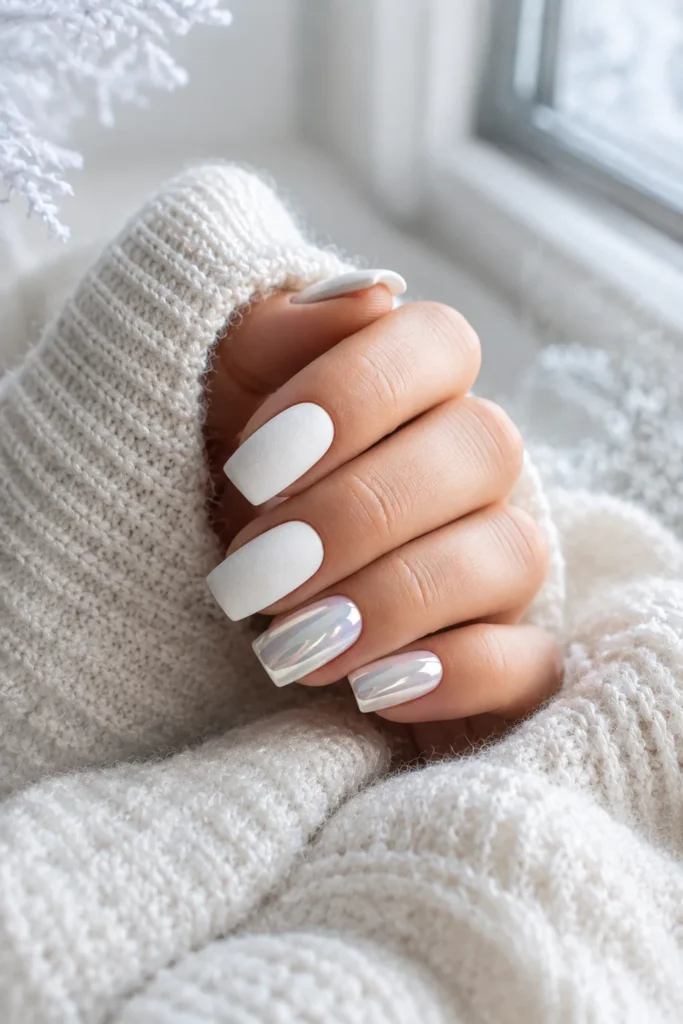 Snow white velvet chrome nails with matte contrast